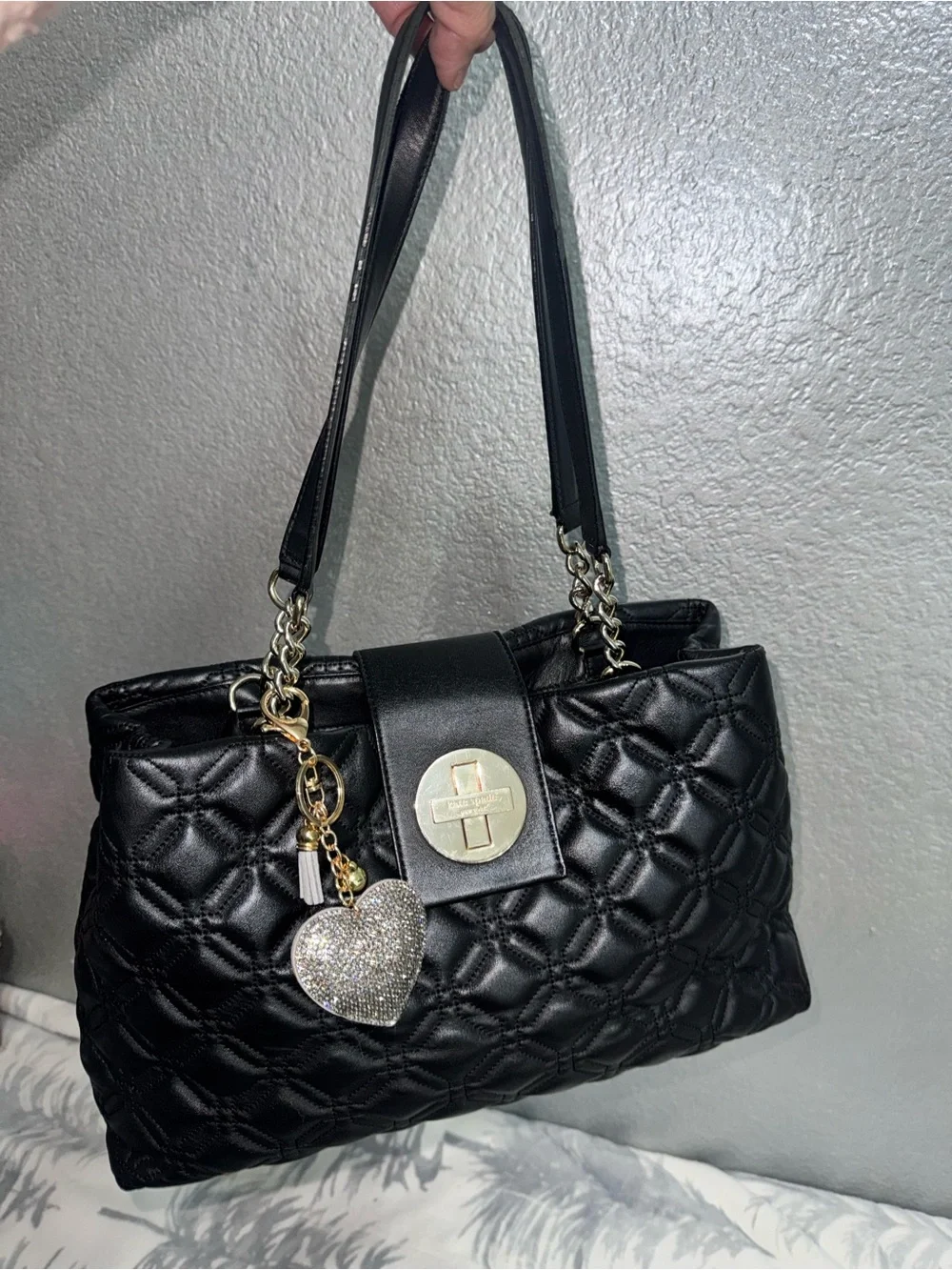 kate spade Black Quilted Shoulder Bag with Gold Hardware and Heart Charm